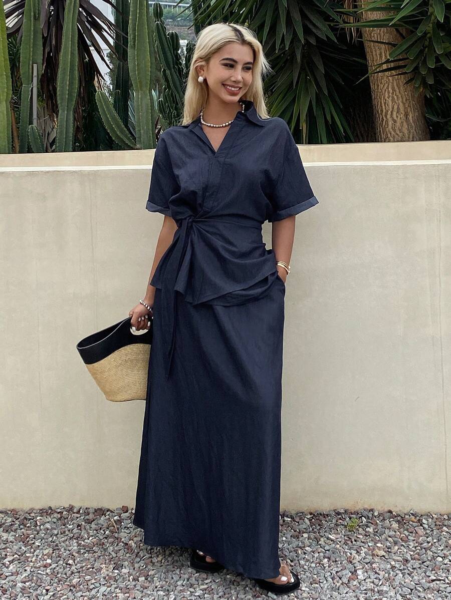 Livesso Women Two Pieces Outfits For Daily Wear Vacation - Navy Blue - View 1