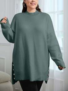 EURMUSE Plus Size Women's Solid Color Drop Shoulder Long Sleeve Side Button Design Split Hem Sweater - Mint Green - View 5