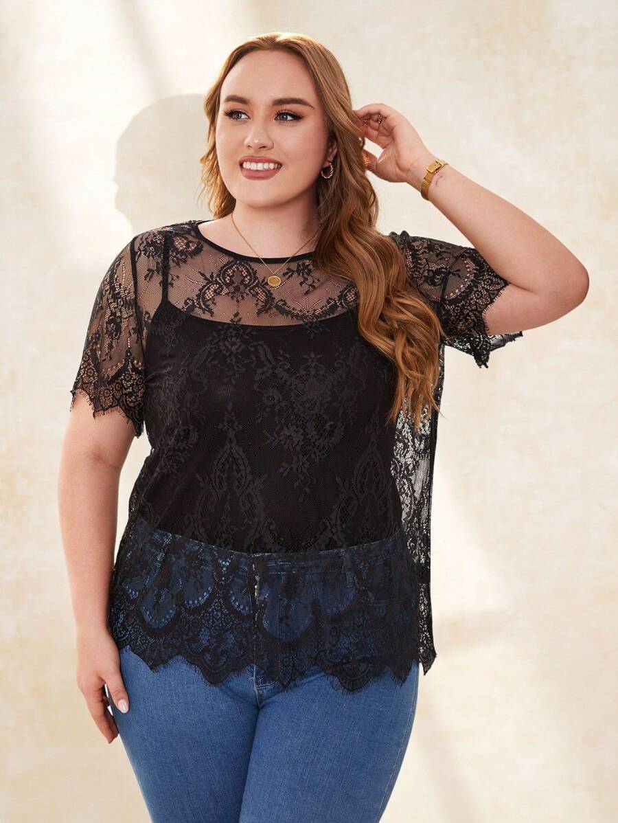 Chikora Plus Eyelash Trim Sheer Lace Top Without Camisole - Black - View 1
