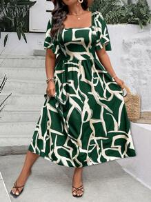 SHEIN Clasi Vestido de vacaciones largo con cintura ceñida, cuello cuadrado, mangas abullonadas y estampado gráfico para mujeres - Verde Oscuro - Ver 1