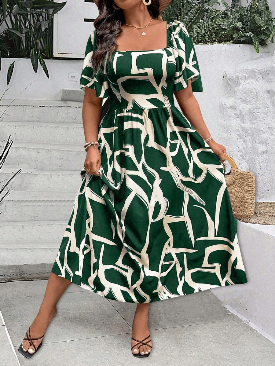SHEIN Clasi Vestido de vacaciones largo con cintura ceñida, cuello cuadrado, mangas abullonadas y estampado gráfico para mujeres - Verde Oscuro - Ver 1