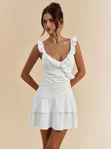 White Solid Color Sexy Deep V-Neck Ruffled Asymmetric Hem Slip Dress For Women, Vacation Dress, Graduation Dress, Bridesmaid Dress, Spring/Summer