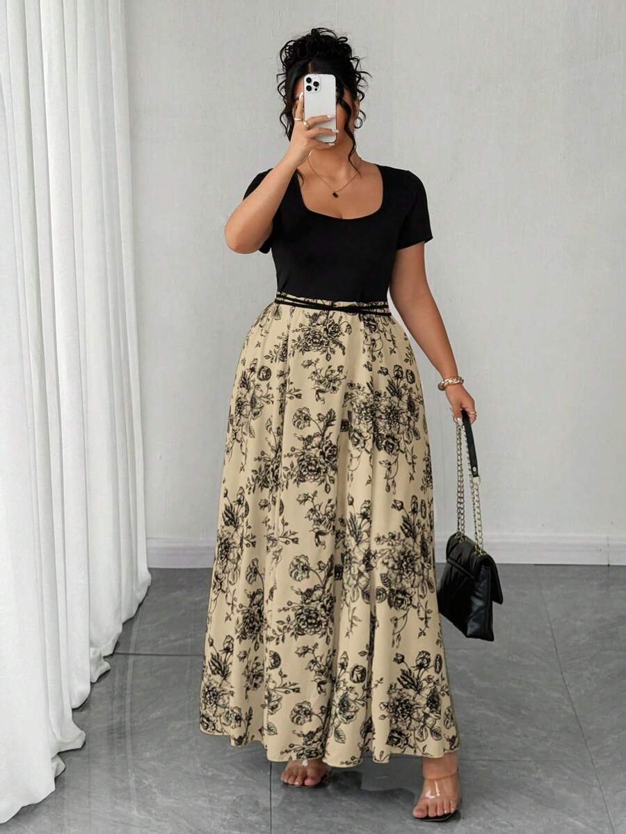 Elenzga Plus Size Women Square Neck Water-Print Casual Dress Filipiniana - Khaki - View 1
