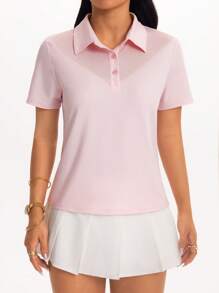 SHEIN Sport Studio Camiseta polo de manga corta de unicolor para mujer de yoga y fitness