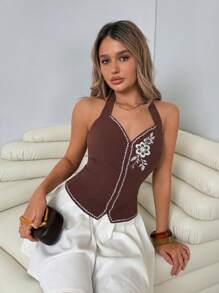 Roylia Fashionable New Sexy Halter Backless Top, Embroidered French Stylish Tank Top For Women Summer - Brown - View 5