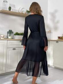 Romantic Elegant Mesh Ruffle Trim Casual Women Sleepwear Robe, Fall, Winter