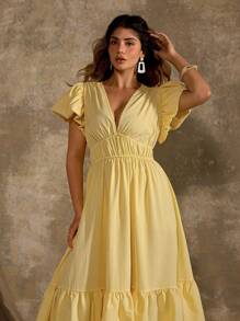Roveilla Plus Size Deep Yellow V-Neck Romantic Ruffle Hem Flared A-Line Dress