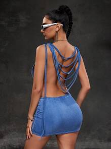 SHEIN ICON Damska sukienka jeansowa na szelkach, modna na lato - Niebieski - Zobacz 2