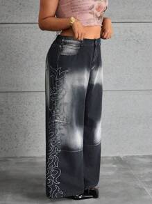 SHEIN ICON Plus Size Women's Fashionable Acid Wash Print Wide-Leg Jeans - Black - View 1