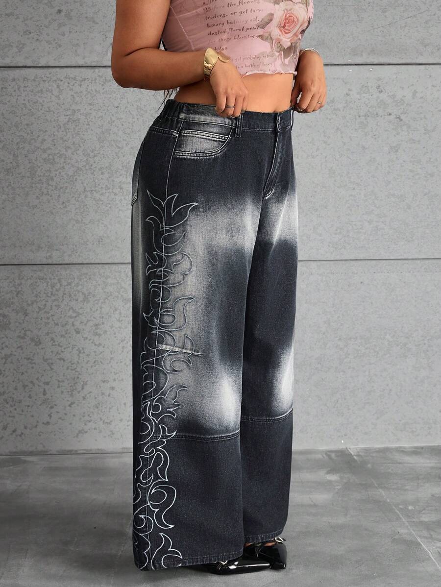 SHEIN ICON Plus Size Women's Fashionable Acid Wash Print Wide-Leg Jeans - Black - View 1