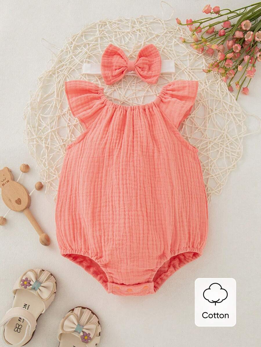 SHEIN Vintaside Kids 新生儿简约纯色荷叶边连体衣，夏季女宝宝夏季服装 - 西瓜粉 - 查看 1