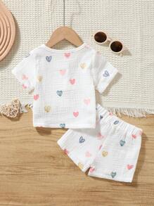 SHEIN Vintaside Kids Baby Girls' Colorful Heart Pattern Short Sleeve Outfit - White - View 2