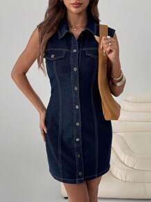SHEIN EZwear Women's Fashion Minimalist Button Decor Sleeveless Short Denim Dress, Summer,Jeans Dress Short Dress Casual Dress Country Concert Outfit Short Women Dresses Going Out Outfits Cute Dress Western Dress