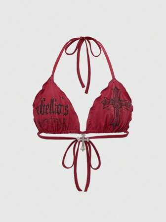 Grunge Punk Top de bikini con estampado de cruz, decoración de rhinestones y talla grande, en estilo gótico Y2K sexy