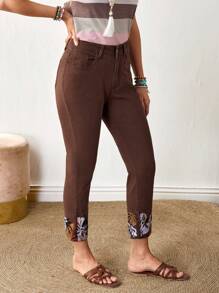 EMERY ROSE Women's Solid Color Denim Jeans, Fashionable For Summer - Brown - View 5