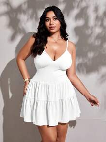 Viva Relle Women's Plus Size Casual Solid Color Off-Shoulder Spaghetti Strap Dress, Summer Peplum Pupoy Keep - White - View 6