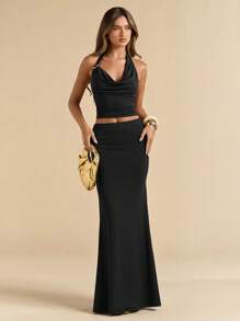 SHEIN BAE Conjunto de top tejido y falda ajustado con decoración metálica en color marrón café para mujer - Negro - Ver 5