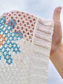 LanaWest Women's Loose Fit V-Neck Floral Hollow-Out Long Sleeve Sweater, Casual Everyday Wear Knit Pullover Fall Winter