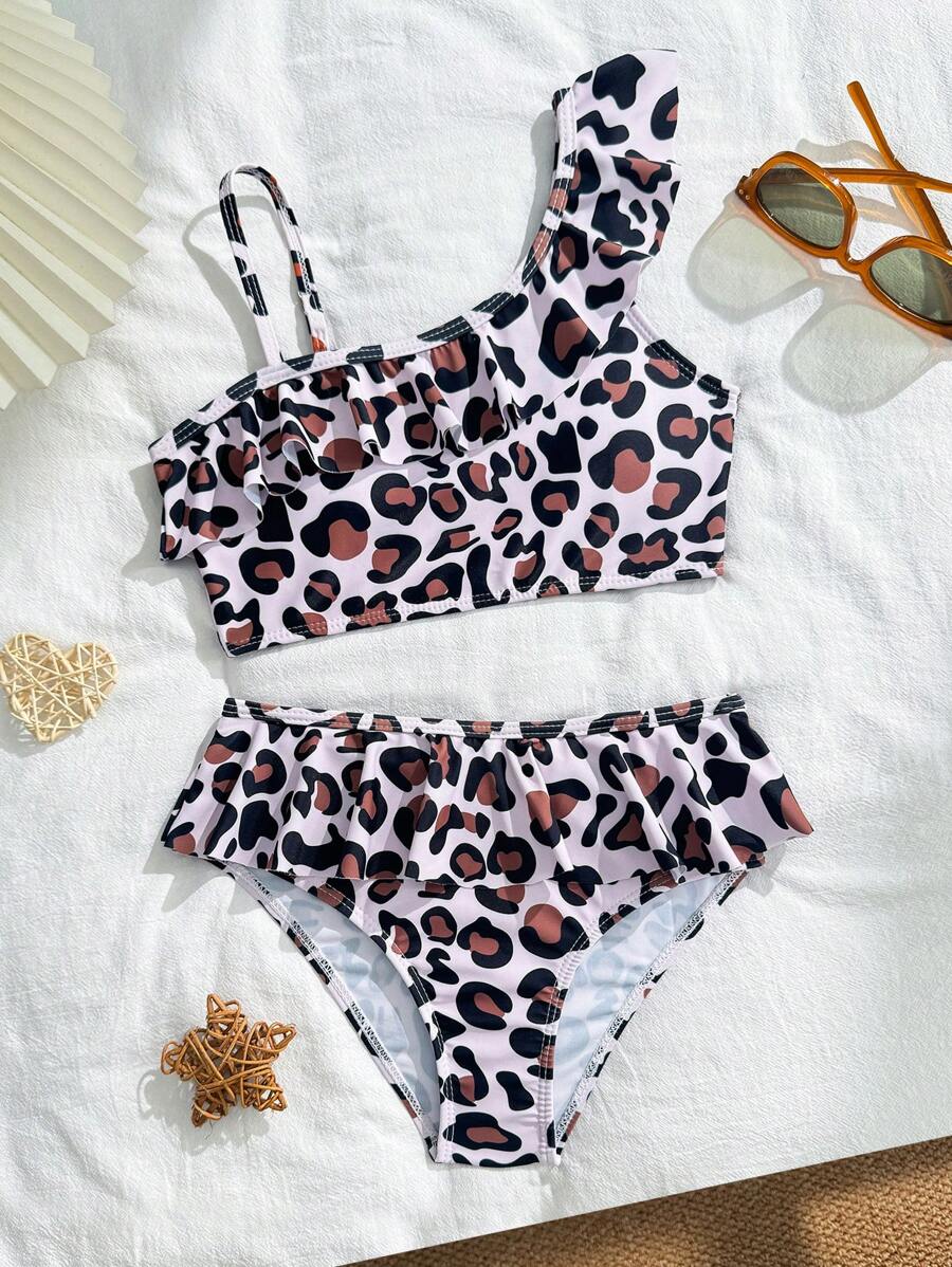 Tween Girls' Leopard Print Adjustable Strap Ruffled Split Bikini Set, Suitable For Vacation, Retro, Beach, Ocean, Elegant, Cute
