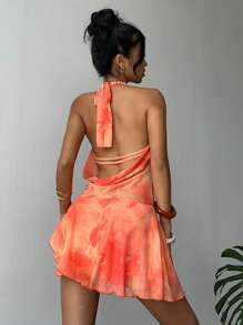 Aloruh Sexy & Elegant Orange Floral Print Asymmetrical Hem Mini Dress For Women - Orange - View 2