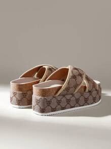 Solecia Ladies Fashion Cork Wedge Heel Letter Pattern Casual Slippers Summer - Brown - View 4