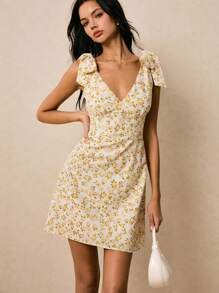 Poéselle Women's Vacation Floral Print Sleeveless Tied Shoulder Mini Dress,Vacation Dress,Casual Dresses For Woman,Vacation Outfits Woman,Old Money,Butter Yellow - Yellow - View 2