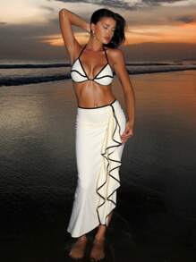 Swim SXY 3pcs Women's French Style Ruffled Swimsuit Set, Elegant Bikini With Ruffle Bottom, Summer Beach Party Holiday Pool Swimming Protective - White - View 1