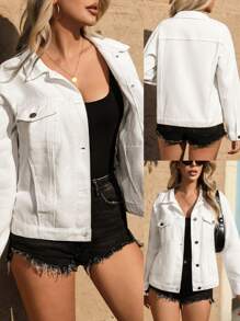 Breezaya Áo khoác denim túi đơn giản tay dài cho nữ - trắng - Xem 1