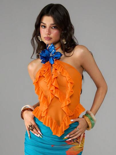 ROMWE Avant Y2K Summer Beach Resort See-Through Halter Neck Ruffled Sexy Floral Blue Top