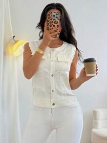 DAZY Women's Crew Neck Lace Trimmed Utility Regular Jacket, Summer Vest