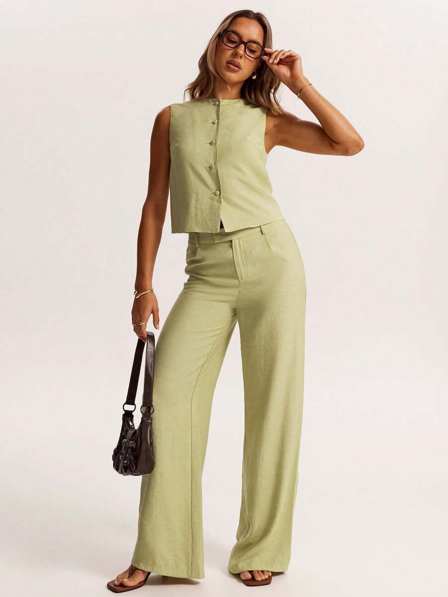 SHEIN BAE Damen Frühlings- und Sommermode salbeigrüne Leinwand-Twill-Hose mit Knöpfen und Taschen, einfaches, tailliertes Design, für den täglichen Gebrauch, Pendeln, Lässig, modischen Straßenstil, klassischen Stil, Büro-Sirene, Büro/Frühling/Leinenhose/Business Lässig/Business Lässig