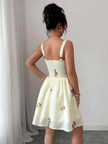 SHEIN Raffinéa Vestido de verano de mujer con cuello cuadrado elegante y minimalista, con manga abullonada y bordado - Amarillo - Ver 2