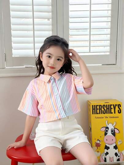 SHEIN Genkimix Kids Young Girls' Colorful Striped Casual Cropped Shirt