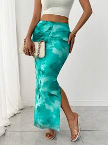 SHEIN Unity Women Gradient Printed Casual Split Side Skirt - Cadet Blue - View 6