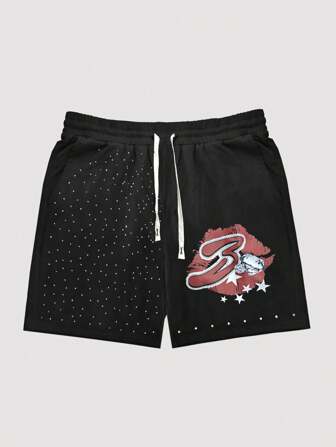 Street Life Pantalones cortos con cintura de cordón y estampado de labios con strass para hombre, color negro