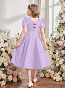 Váy ngắn tay màu đỏ trơn cho bé gái tuổi teen, Váy đỏ cho bé gái tuổi teen, Thiết kế nơ hở lưng tay bồng đính hạt, Váy công chúa thanh lịch cổ điển ngọt ngào thời trang - Màu tím - Xem 3