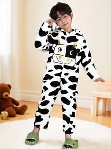 SHEIN 年轻男孩舒适奶牛印花长袖连帽连体衣，适合4-7岁男孩秋春冬季 - 彩色 - 查看 1