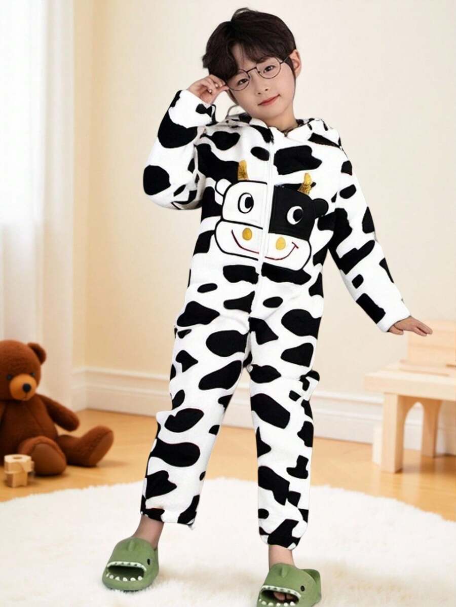 SHEIN 年轻男孩舒适奶牛印花长袖连帽连体衣，适合4-7岁男孩秋春冬季 - 彩色 - 查看 1
