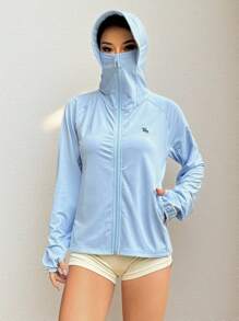 SHEIN EZwear 纯色插肩袖长袖连帽半透明夏季梭织女式夹克 - 淺藍色 - 查看 5