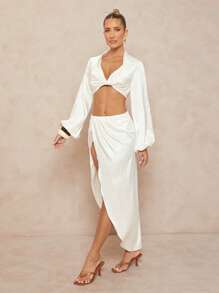 Lumalex Ensemble de 2 pièces en satin asymétrique pour femme, robe fourreau avec encolure en V, manches bouffantes, froncée et fente haute. Tenue d'été pour fête en blanc, cérémonie de passage à l'âge adulte, mariage, banquet, plage, bord de mer - Vert - Voir 6