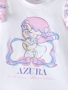 Pop Mart Azura X SHEIN Baby Girl Cartoon Graphic Dreamy White Cute Casual Short Sleeve T-Shirt With Colorblock Tulle Skirt, Princess Style