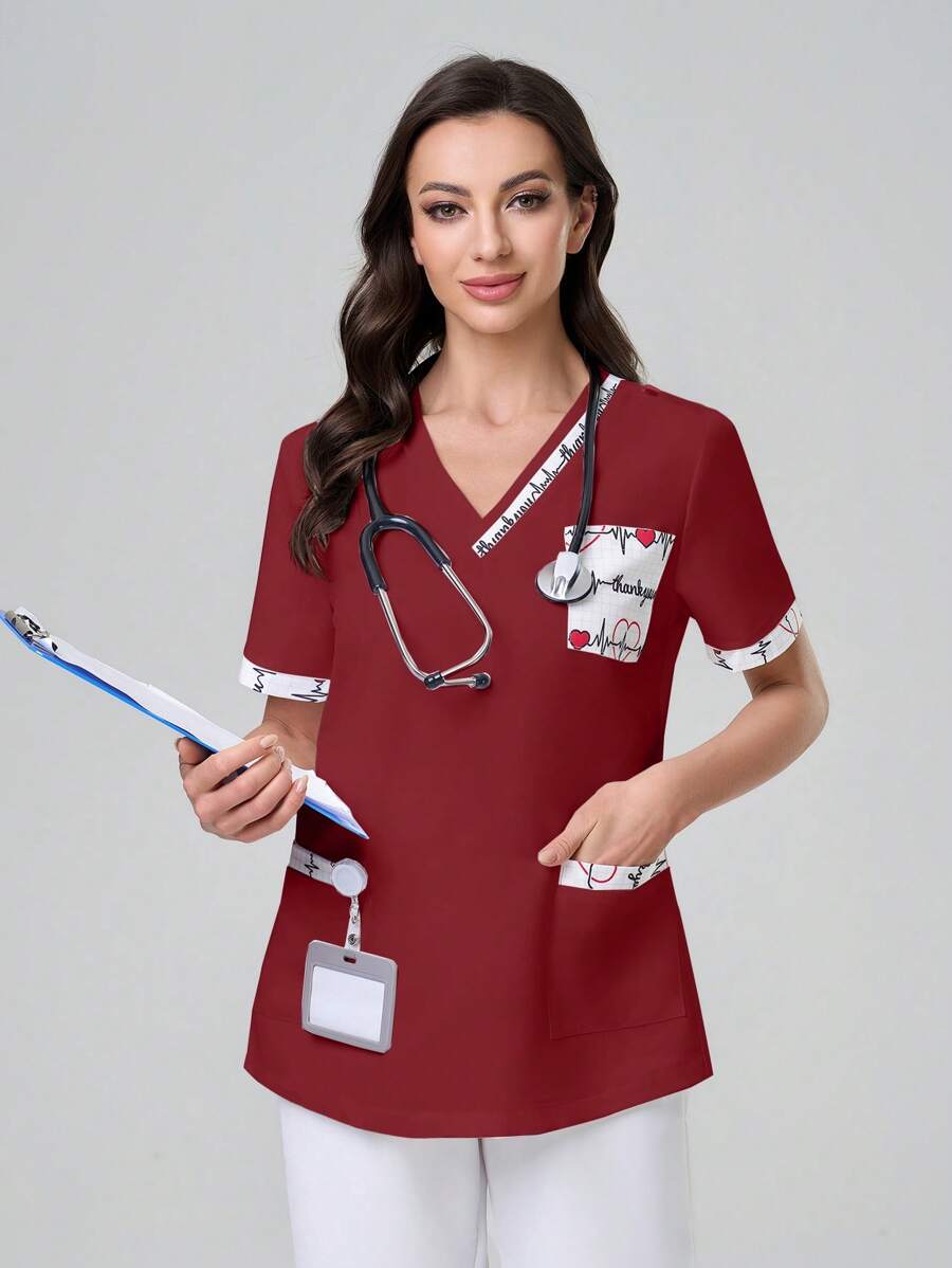 TaskEZ V领短袖字母印花女式带口袋医用上衣