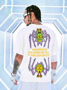 Rick and Morty X SHEIN Áo thun nam tay ngắn dáng rộng in hình hoạt hình vui nhộn và khẩu hiệu phong cách đường phố, mùa hè, Halloween - trắng - Xem 5