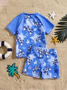 Ensemble de maillot de bain 2 pièces pour jeunes garçons, imprimé fixe partiel à l'avant, imprimé aléatoire ailleurs