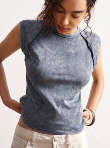 Bohemela Solid Color Knit Crew Neck Form-Fitting Washed Women T-Shirt - Grey - View 6