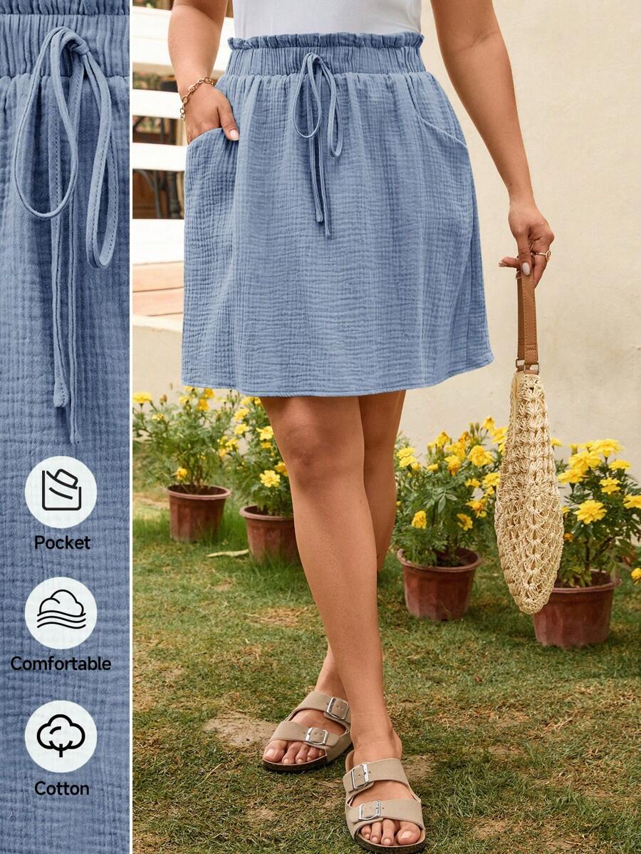 SHEIN LUNE 大码A字裙，松紧腰带，棉质面料，荷叶边口袋 - 淺藍色 - 查看 1