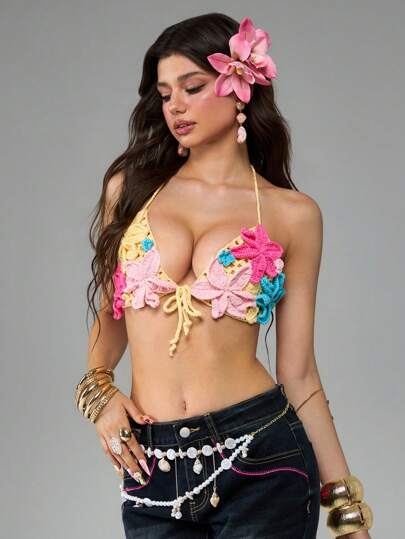 Hippie Summer Beach Holiday 3D Hibiscus Floral Multicolor Women Knitted Top