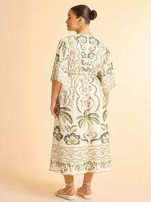 CAJUNI 波西米亚风热带花卉、龟背竹叶、椰子树、菠萝印花深 V 领荷叶边袖长裙、休闲度假大码连衣裙 - 彩色 - 查看 3