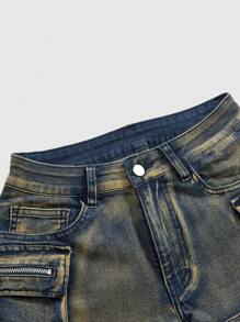 Quần short mini cạp thấp vải denim rách cỡ lớn dành cho nữ, phong cách đường phố Wasteland Punk - Màu vàng - Xem 6