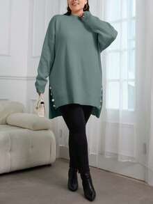 EURMUSE Plus Size Women's Solid Color Drop Shoulder Long Sleeve Side Button Design Split Hem Sweater - Mint Green - View 3
